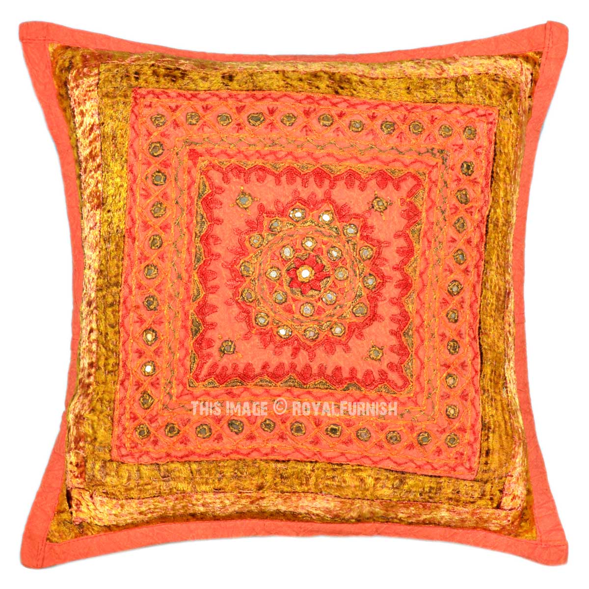 Orange Multi Unique One-Of-A-Kind Handmade Decorative Mirror Pillow Case 16X16 - RoyalFurnish.com