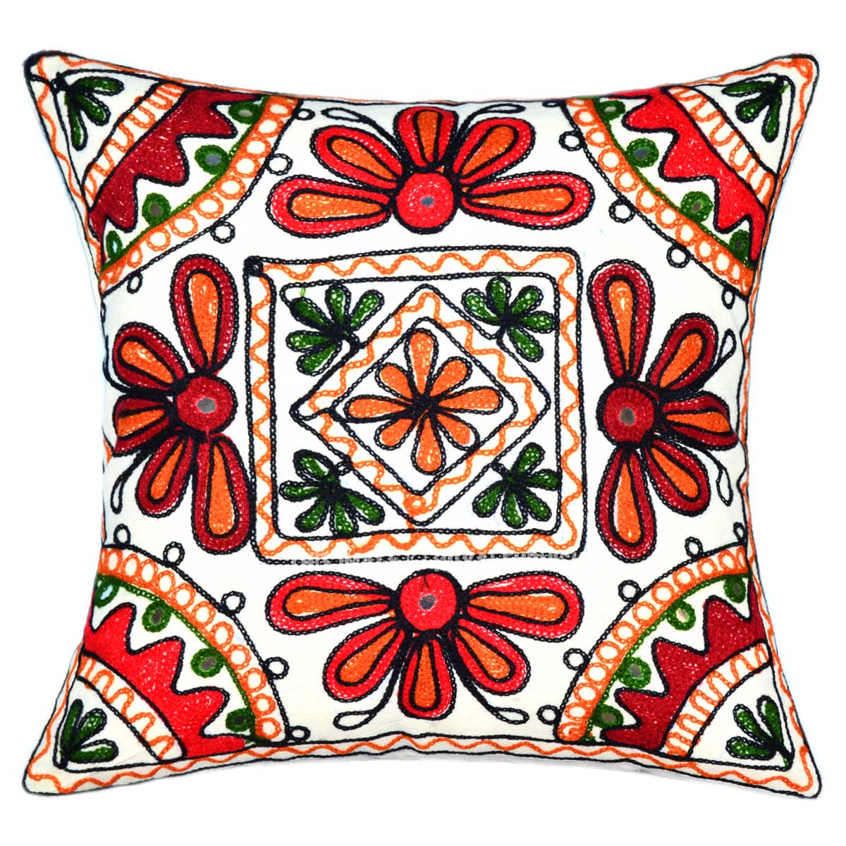 16X16 White Floral Woolen Embroidery Work Unique Throw Pillow Cover