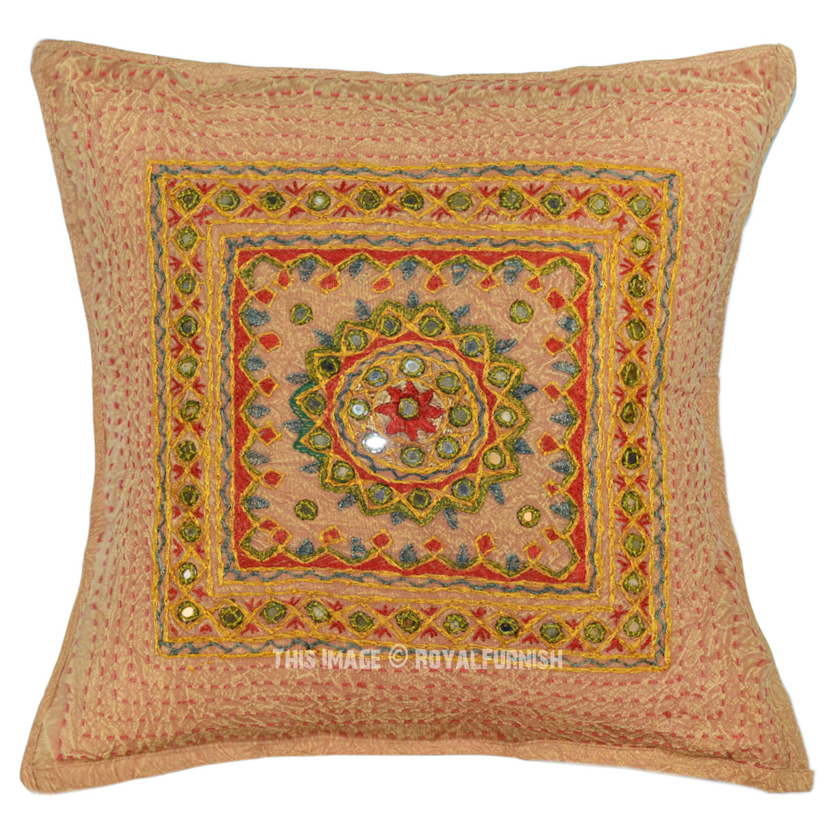 Brown Outdoor Indoor Mirror Medallion Circle Square Throw Pillow Cover 16X16 - RoyalFurnish.com