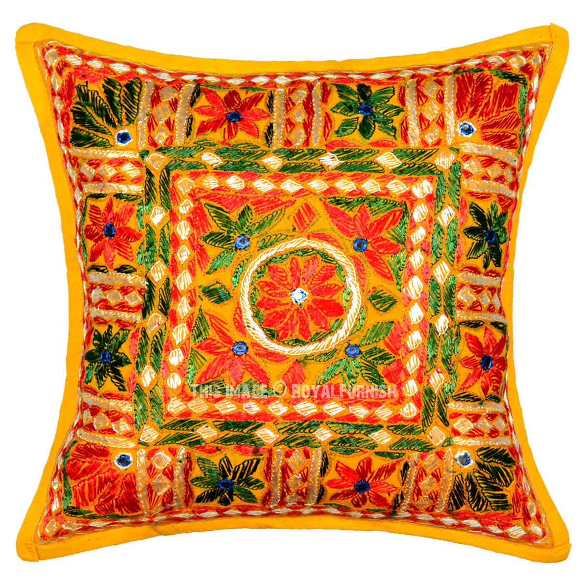 Floral Embroidered Medallion Circle Cotton Throw Pillow Cover 16X16