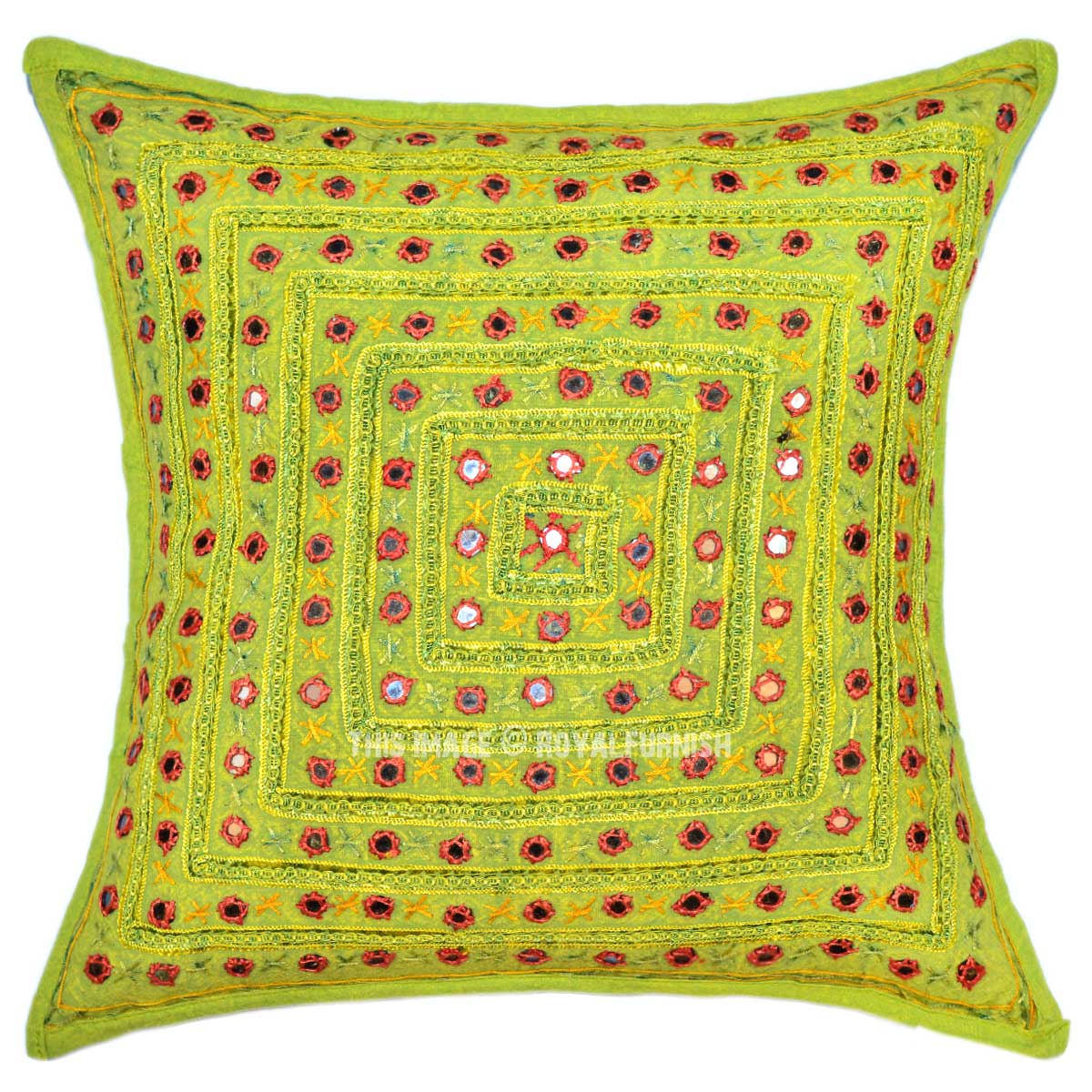 Handmade Unique Mirror Embroidered Green Boho Accent Throw Pillow Cover 16X16 - RoyalFurnish.com