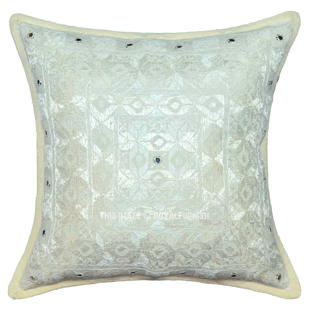 16X16 White Unique Mirror Embroidered Designer Throw Pillow Case