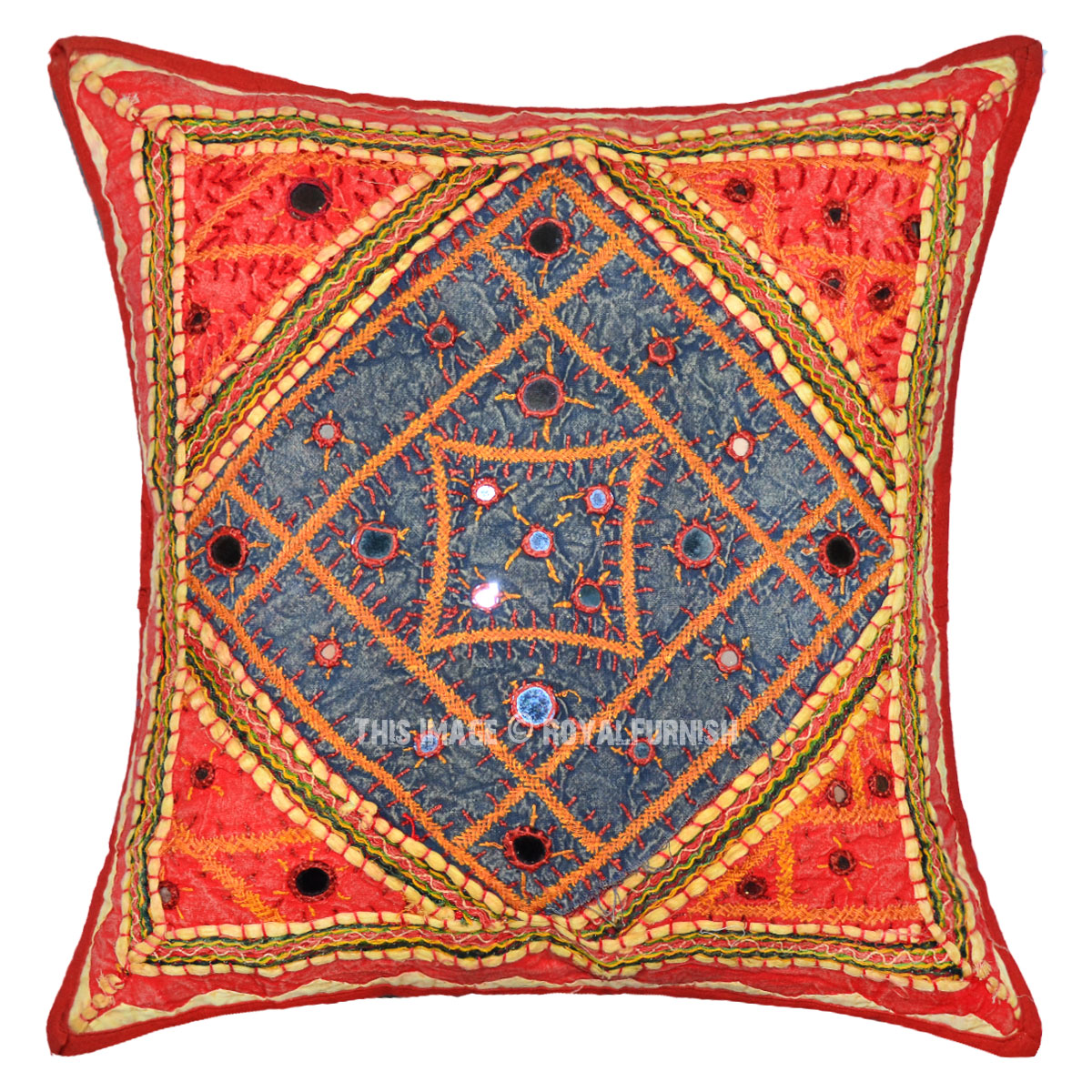 16X16 Red Multi Tribal Unique Hand Embroidered Cotton Throw Pillow Cover - RoyalFurnish.com