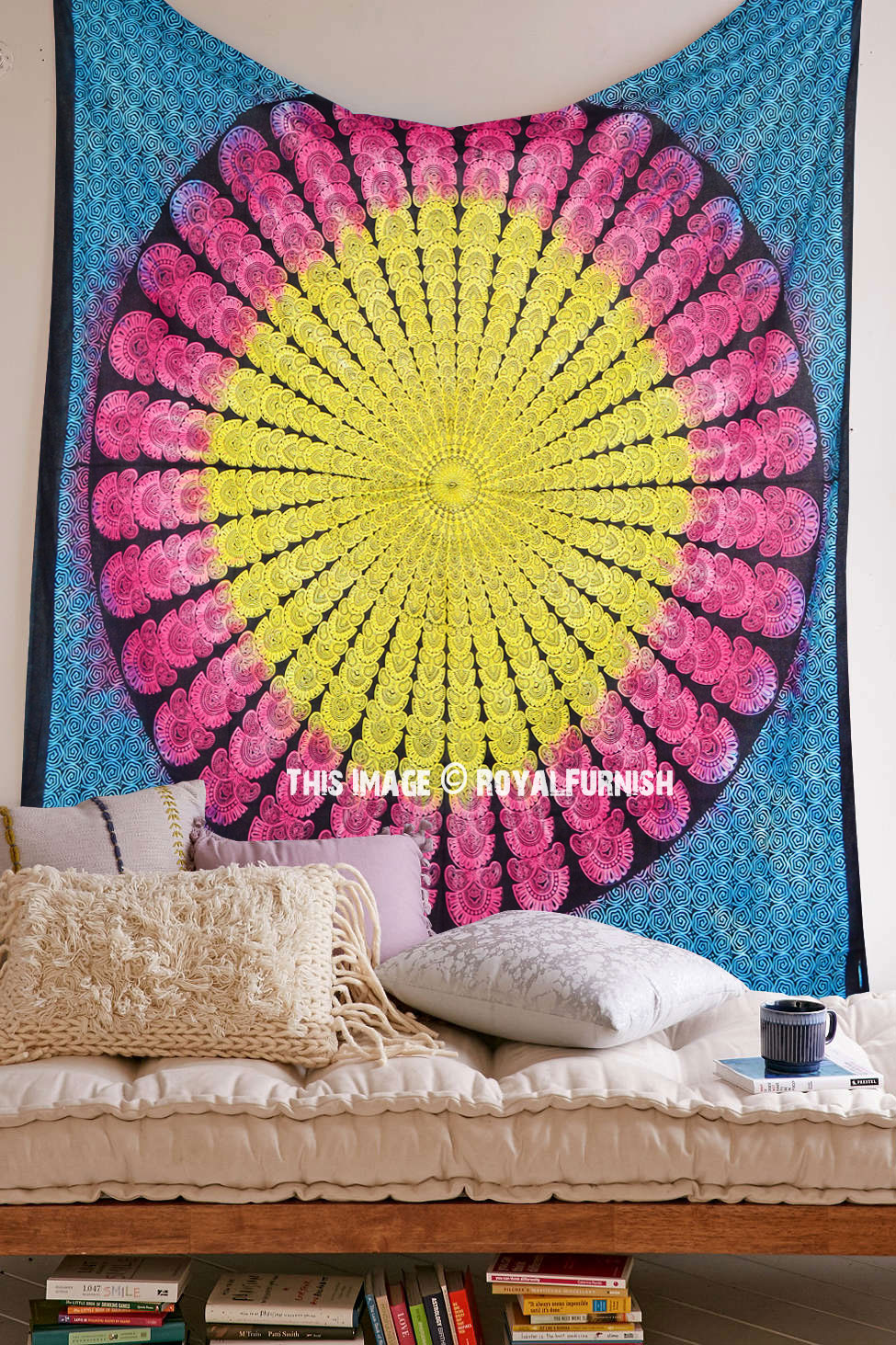 Floral and Elephant Star Circle Tie Dye Tapestry, Mandala Wall Hanging