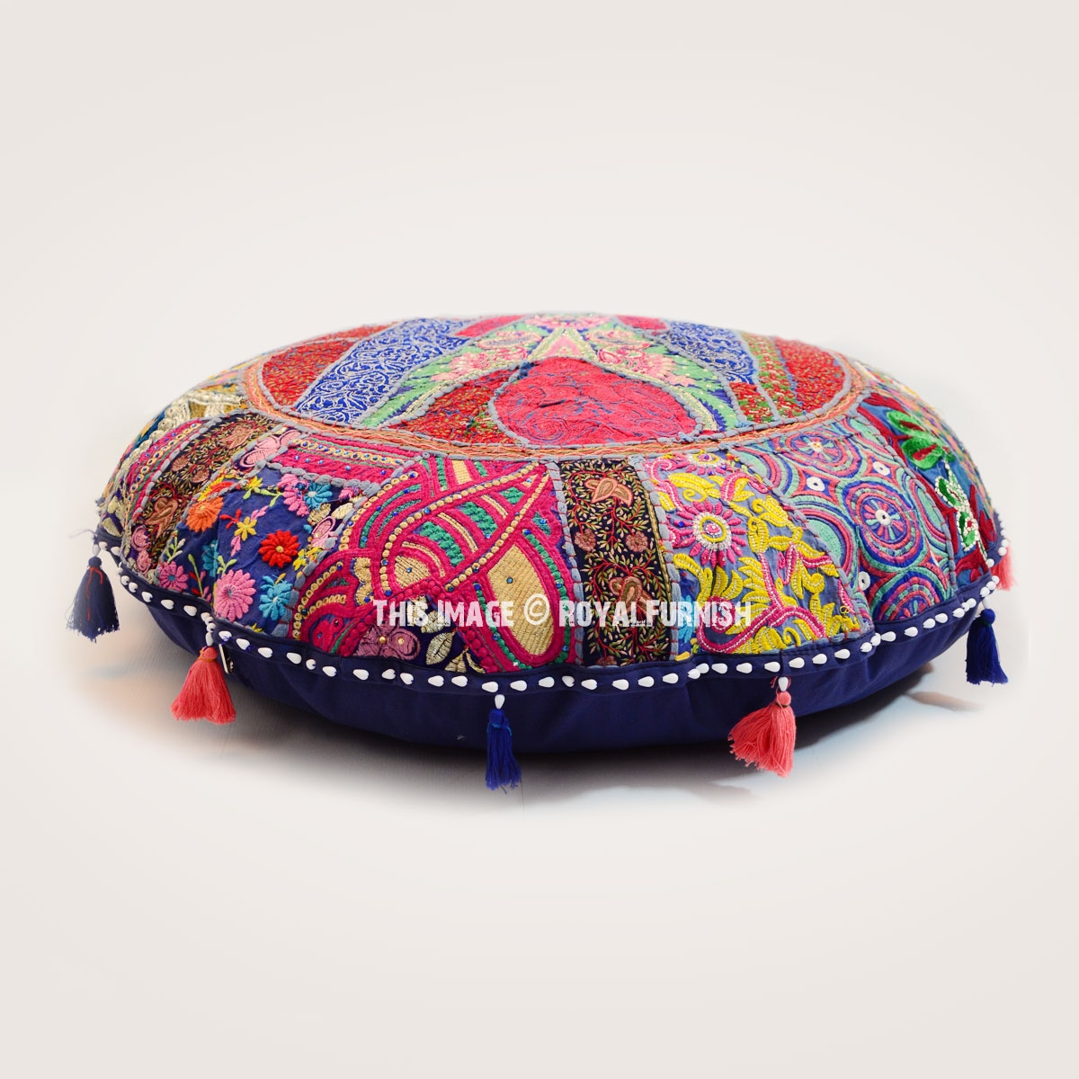 Blue Multi Colorful One-Of-A-Kind Handmade Patchwork Round Yoga Cushion  Cover 32 Inch