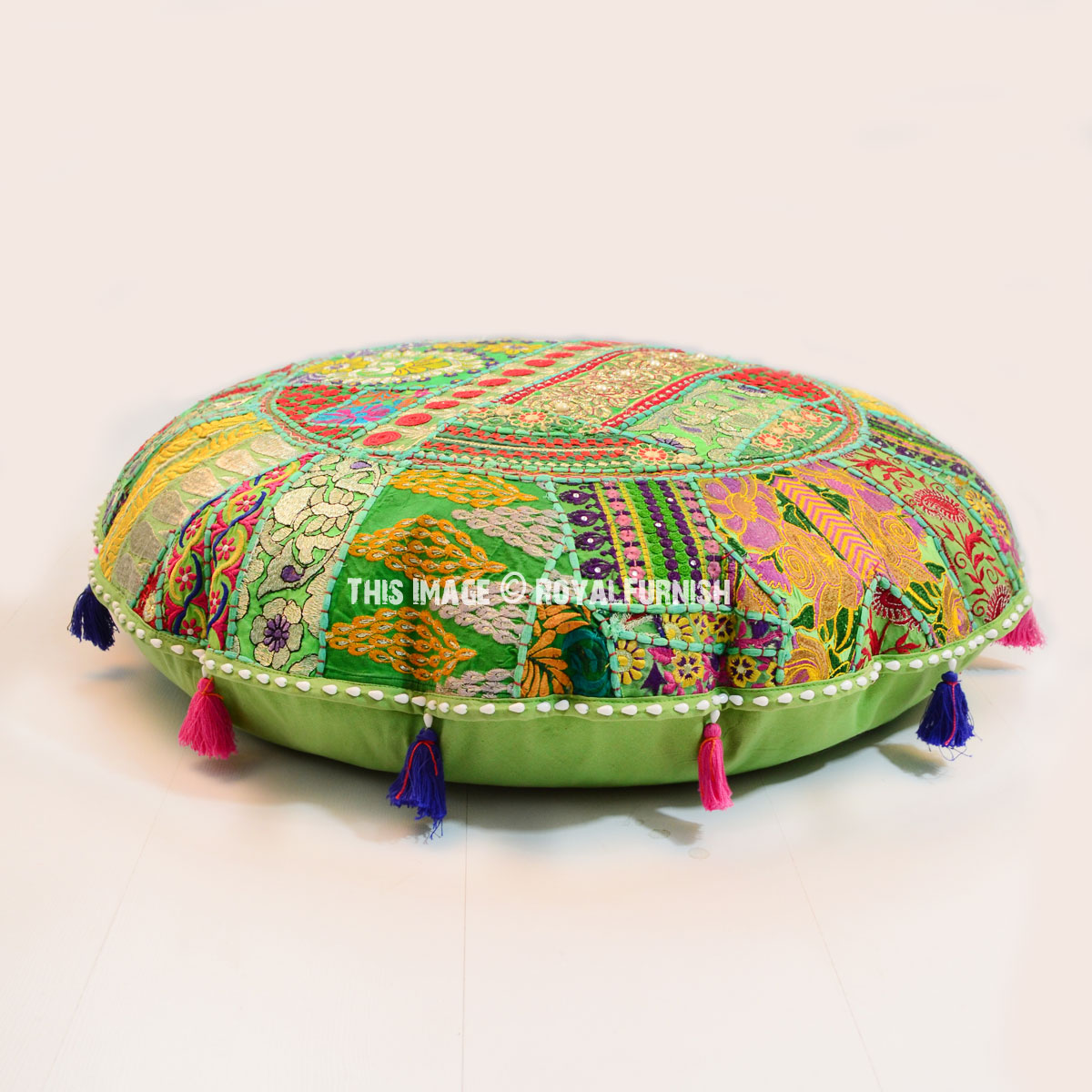 32" Green Round Floor Pillow Cushion Cover Handmade Throw Indian Bohemian Decor