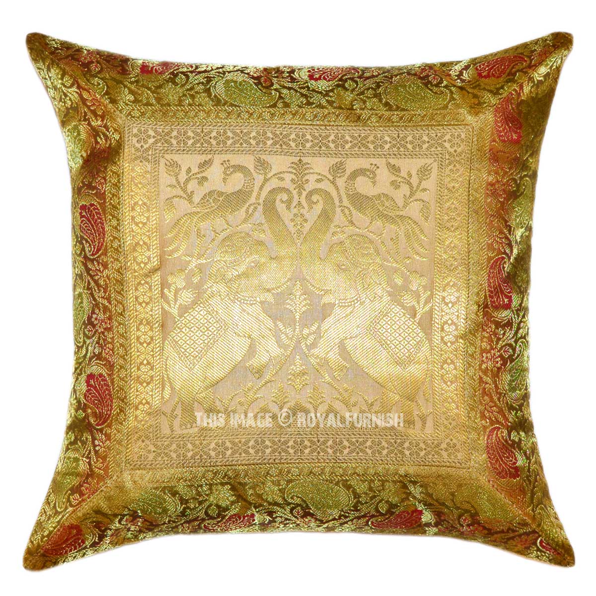Gold Two Elephants and Peacocks Featuring Silk Throw Pillow Cover 16X16 - RoyalFurnish.com