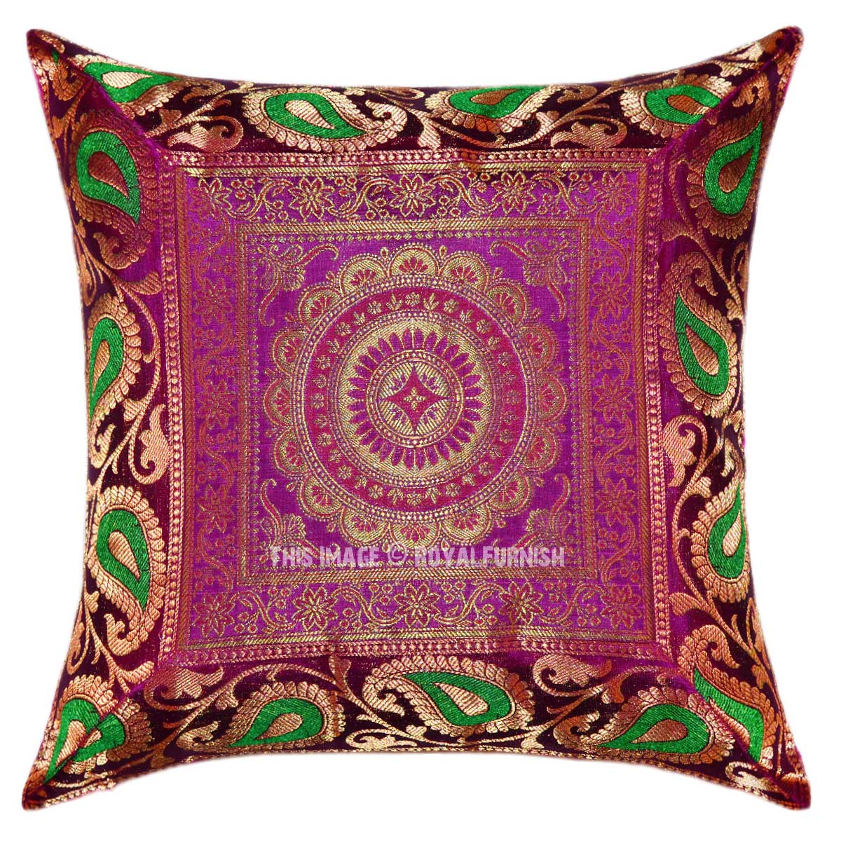 Pink and Green Mixed Central Floral Medallion Silk Pillow Case - RoyalFurnish.com