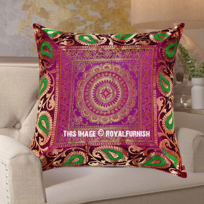 Pink and Green Mixed Central Floral Medallion Silk Pillow Case