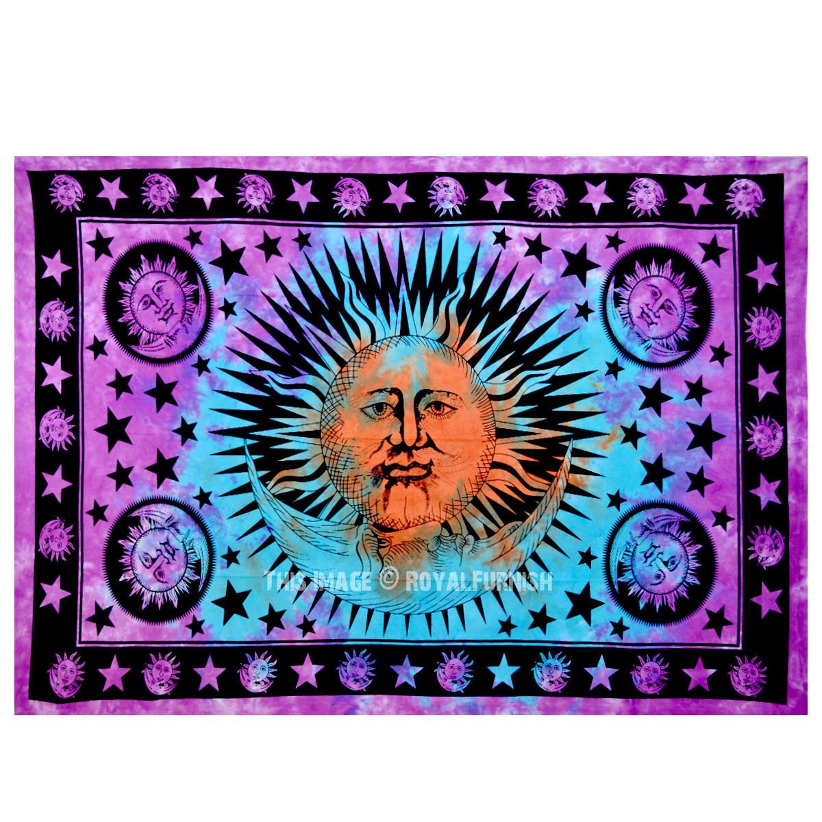Pink Multi Celestial Sun Moon Star Tapestry, Tie Dye Thin Sheet Bedding