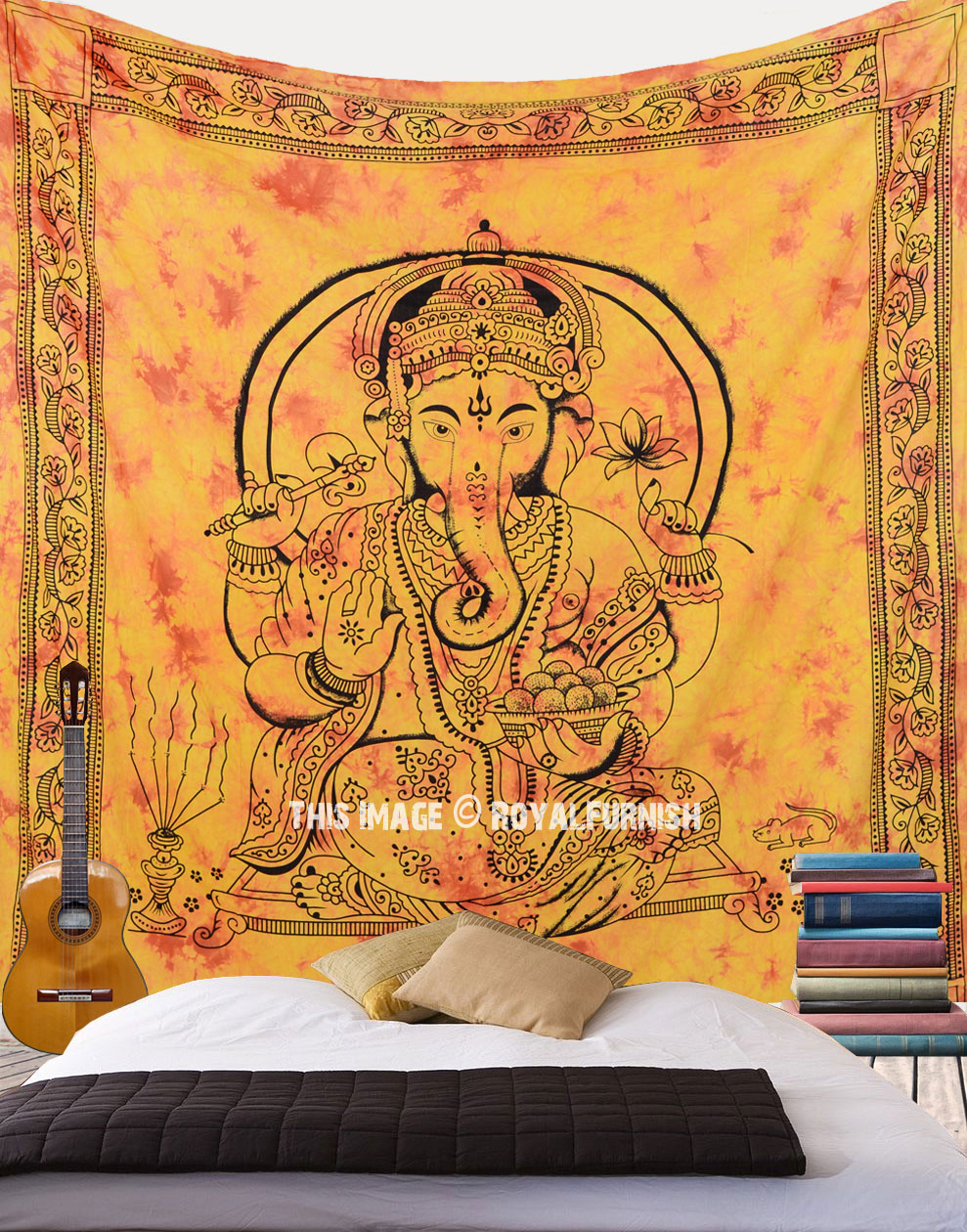 Large Yellow Hindu God Ganesha Tapestry, Tie Dye Wall Hanging