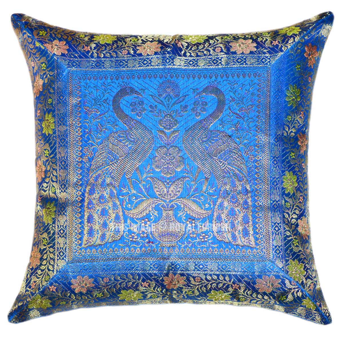 Turquoise Blue Two Peacocks Featuring Silk Throw Pillow Case - RoyalFurnish.com