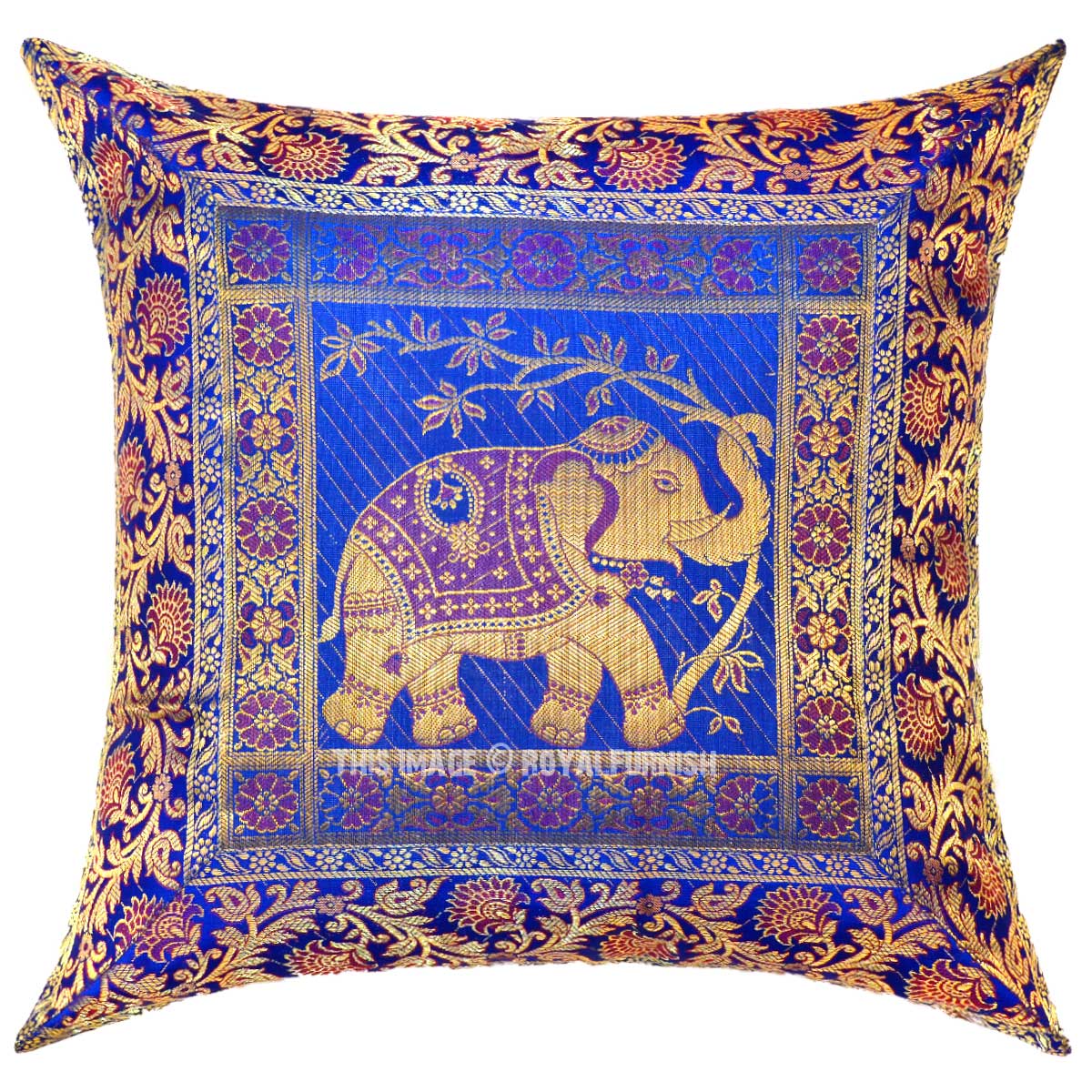 Blue Elephant Holding Tree Featuring Silk Throw Pillow Cover - RoyalFurnish.com