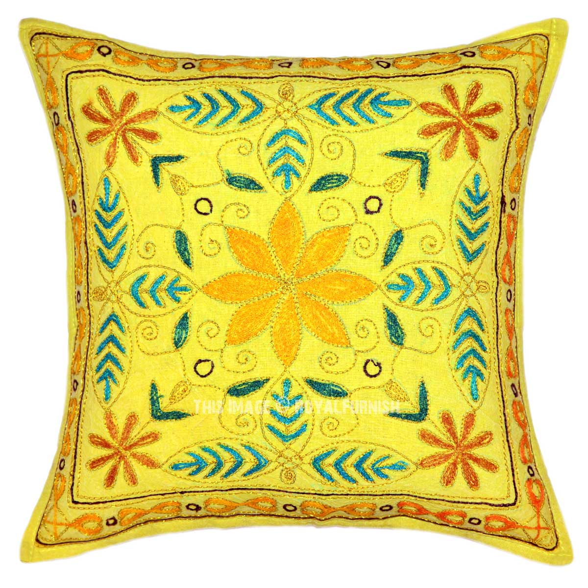 Yellow Hand Embroidered Boho Style Throw Pillow Cover - RoyalFurnish.com