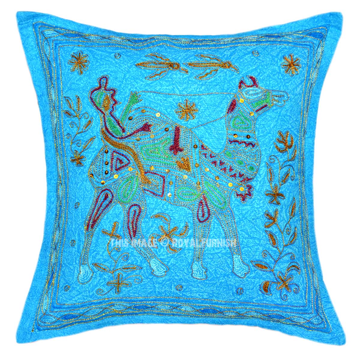 Turquoise Camel Riding Hand Embroidered Accent Throw Pillow Cover - RoyalFurnish.com
