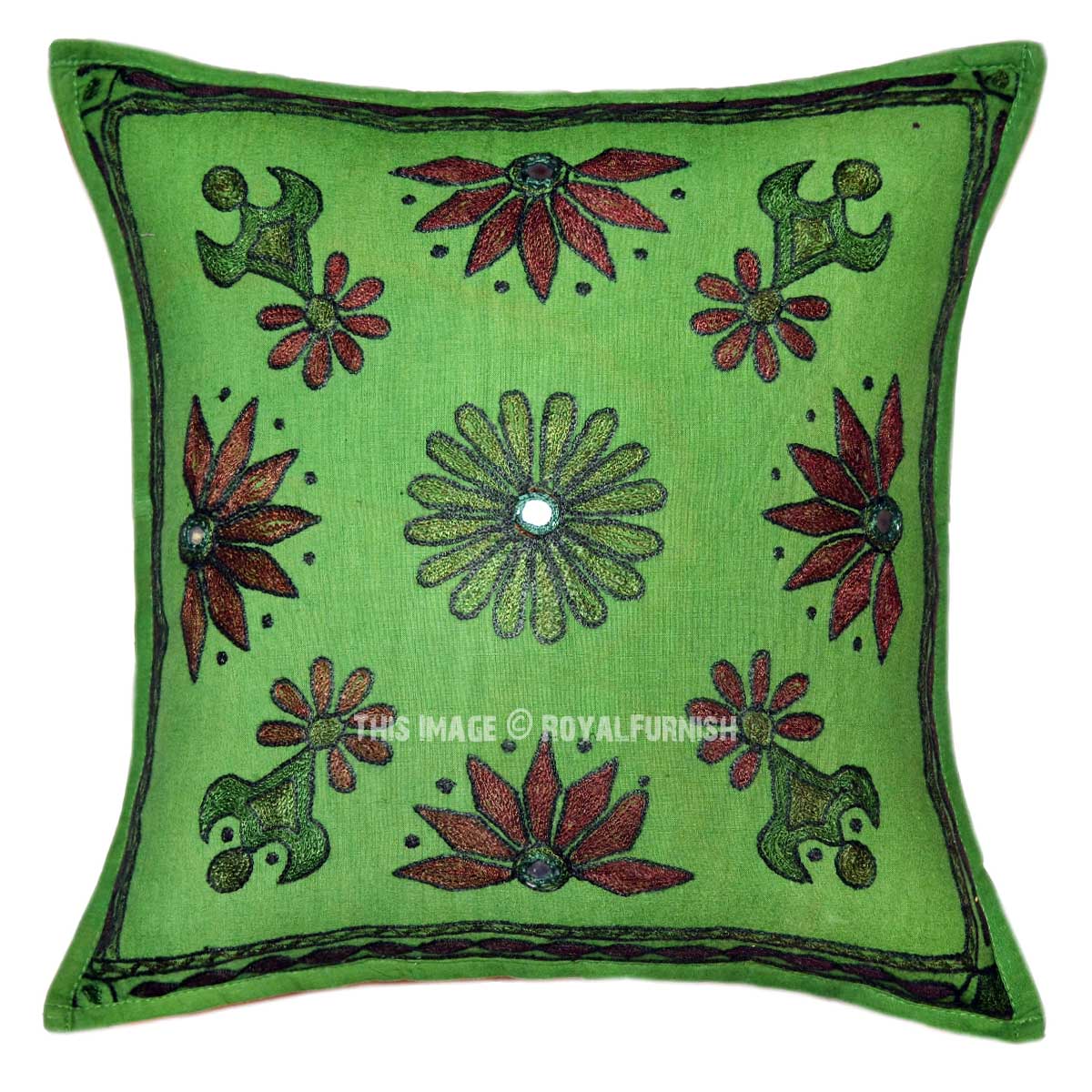 Green Decorative Folk Embroidered Boho Throw Pillow Sham 16X16 - RoyalFurnish.com