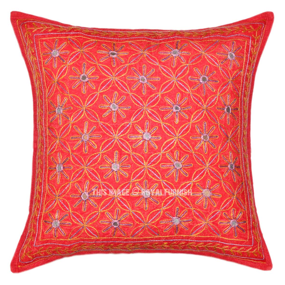 Red 16X16 Decorative One-Of-A-Kind Unique Embroidered Pillow Cover - RoyalFurnish.com