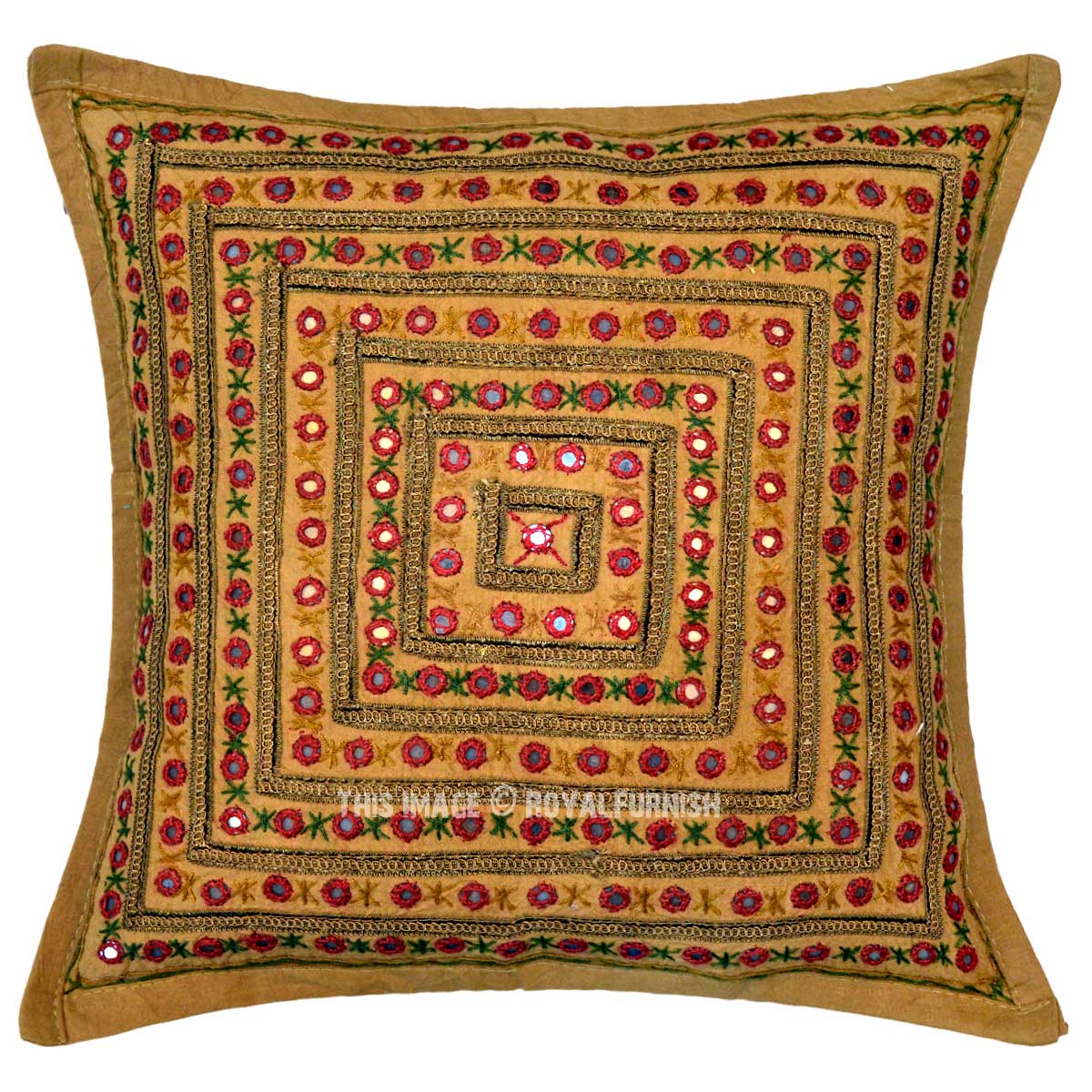 Yellow Brown Handcrafted Decorative Mirrored Embroidered Throw Pillow Case 16X16 - RoyalFurnish.com