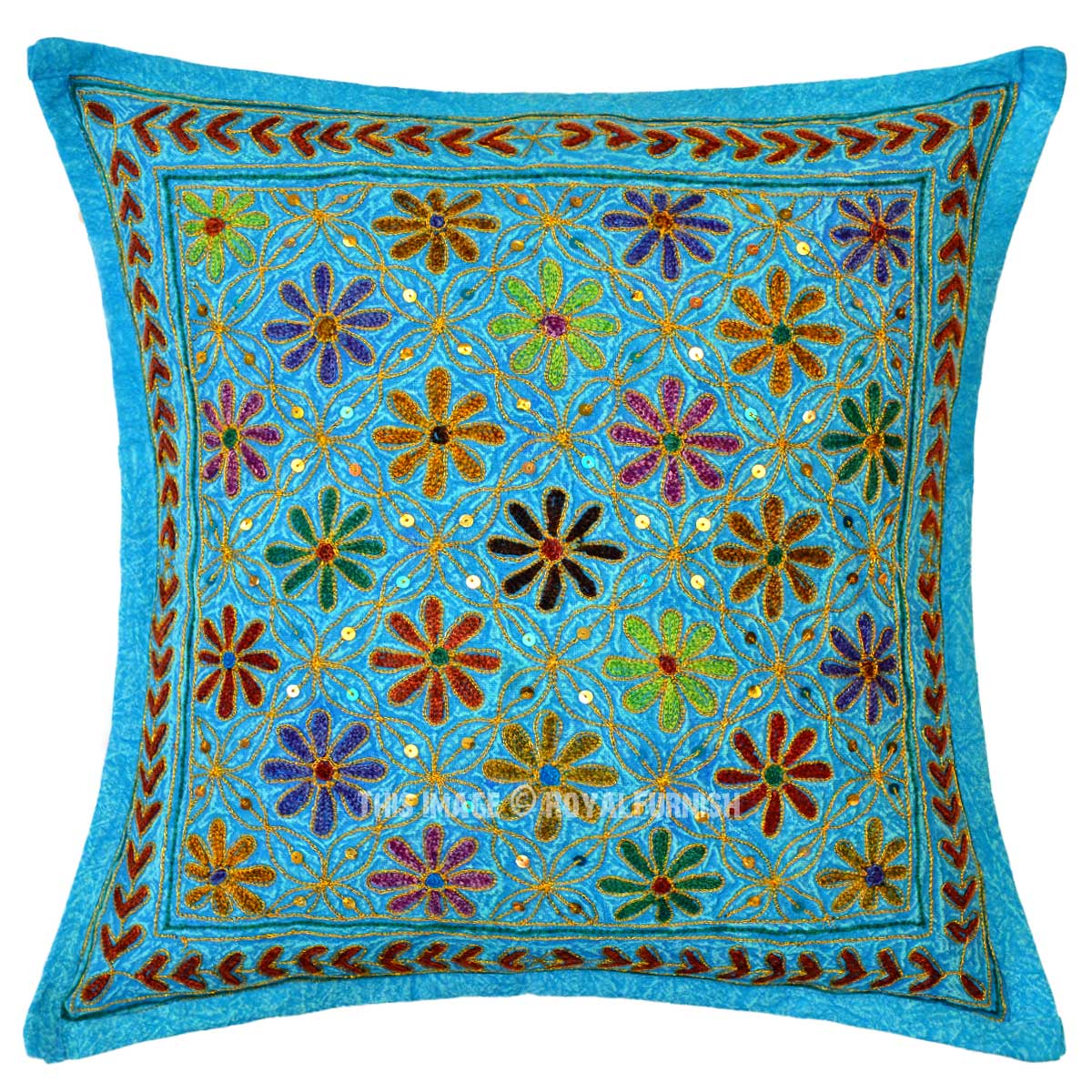 Turquoise Blue Decorative Needlepoint Embroidered Cotton Throw Pillow Cover 16X16 - RoyalFurnish.com