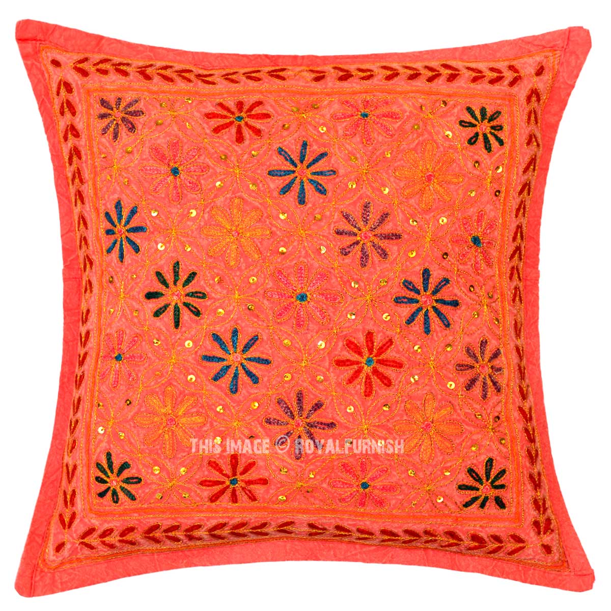 Red Decorative One-Of-A-Kind Unique Floral Embroidered Pillow Cover 16