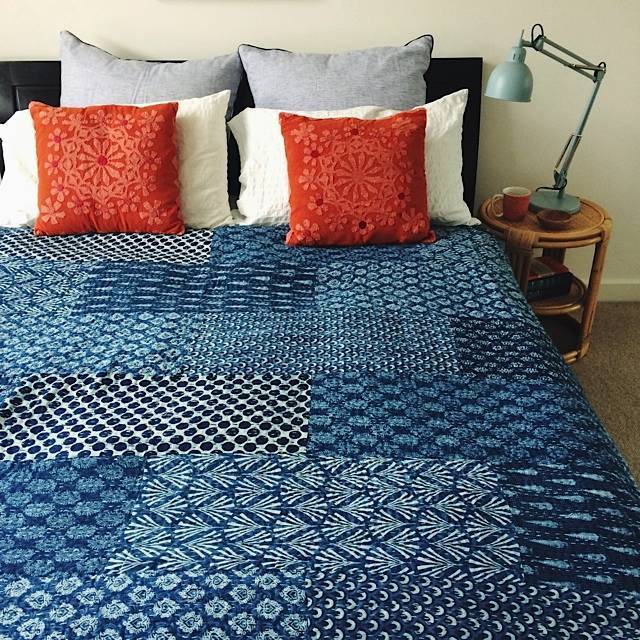 Hand Block Print Indigo Kantha Quilt Throw Bedspread