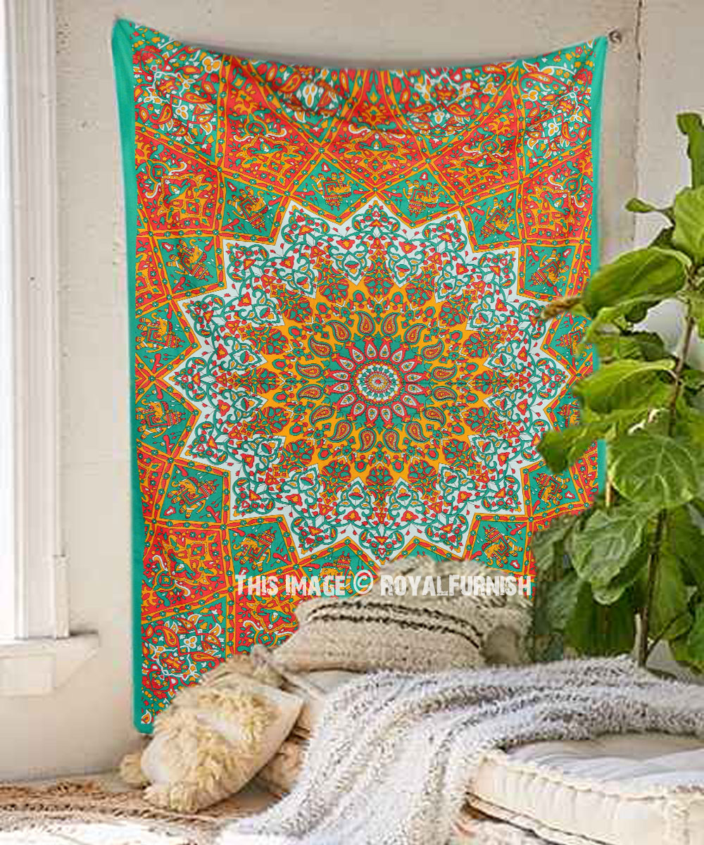 Textile Hippie Table Cloth Yellow Elephant Mandala Cotton Small Tapestry Poster