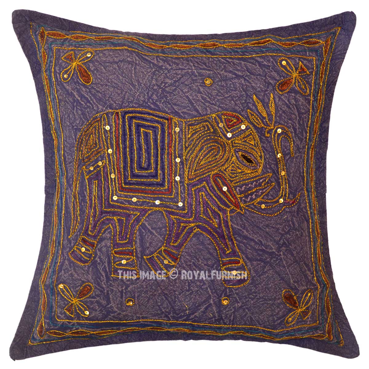 Purple Needlepoint Embroidered Unique Elephant Pillow Case 16X16 Inch - RoyalFurnish.com