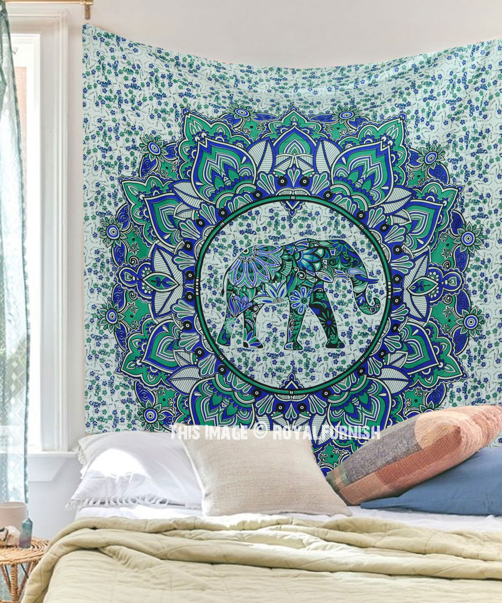 Blue Green Asian Elephant Mandala Deja Vu Tapestry