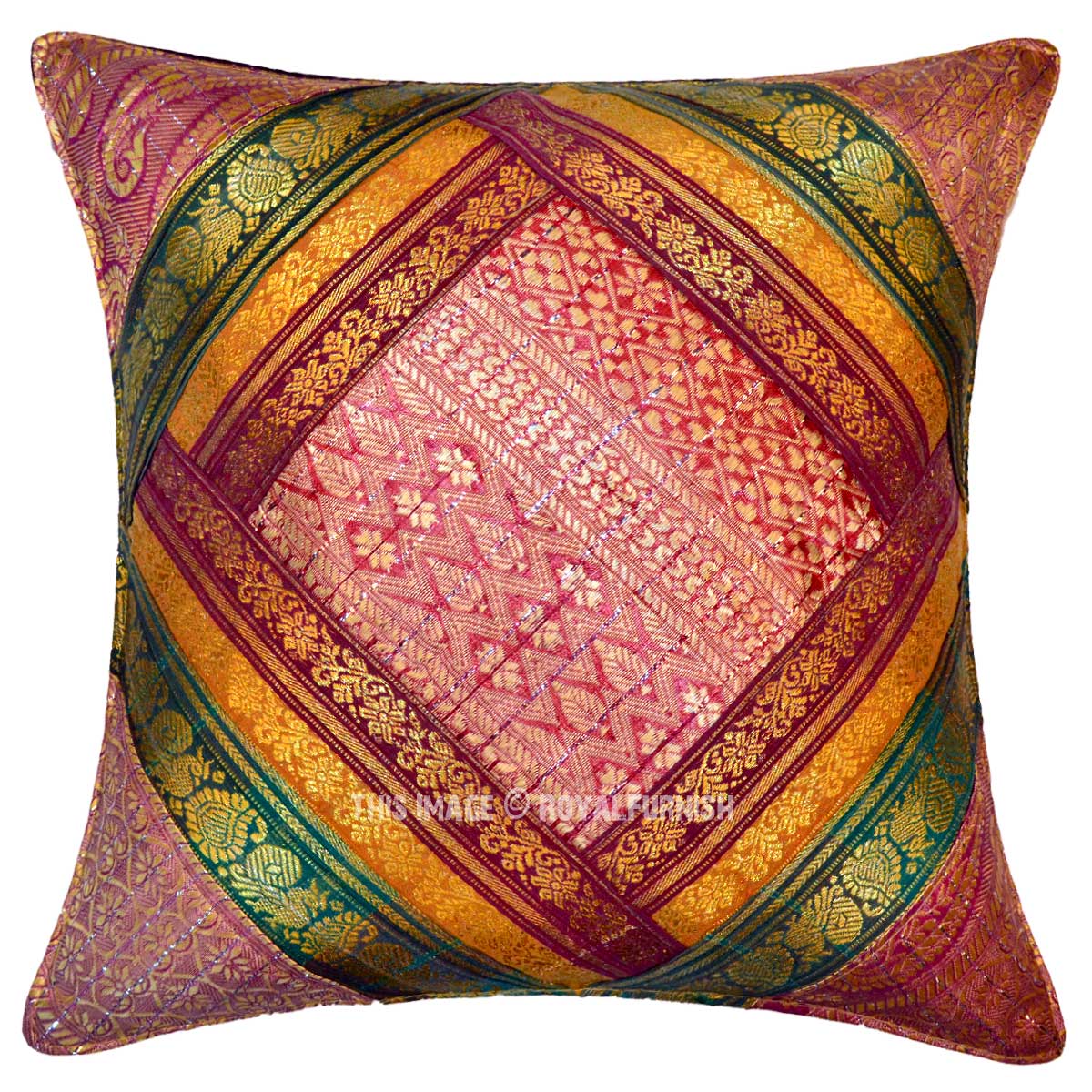 Cushion Cover Silk Brocade Pillow Case Indian Throw Pillow Handmade Decor 16x16" 