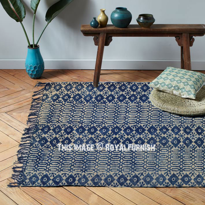 Cotton Woven Area Rug Natural Indigo Print Blue Bohemian Floor Carpet 3x5 Ft Mat 