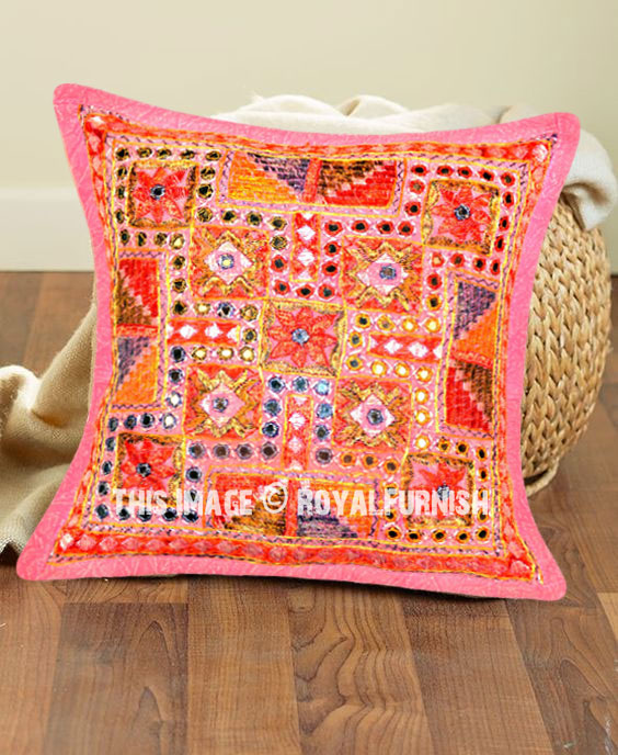 Boho Pillow Cover 16x16 Bohemian Throw Pillow covers Indian Colorful Wool Embroidered Mirror Work Cushion Covers Handmade Cushion Cover