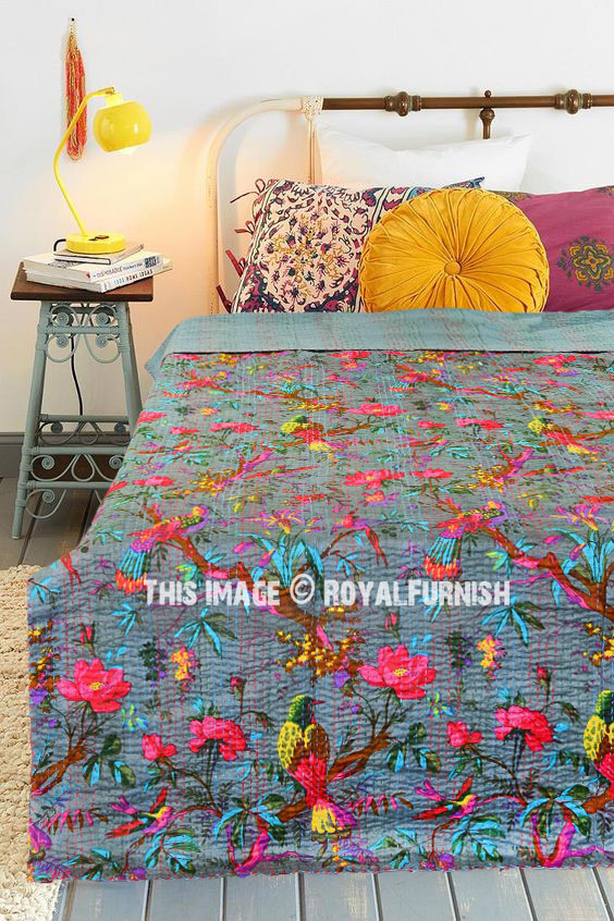 Twin Cotton Indian Kantha Quilt Bird Print Bed Cover Bedspread Blanket-Throw 