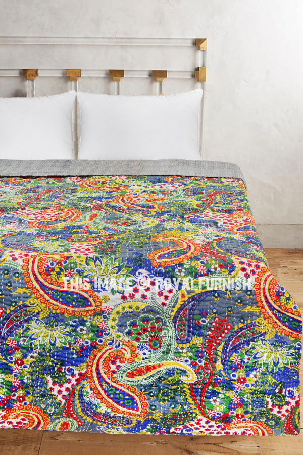Handicrunch India Purple Kantha Quilt King Size Reversible Bedspread Handmade Cotton Floral Bedsheet Home Décor 106 X 88 Inches 