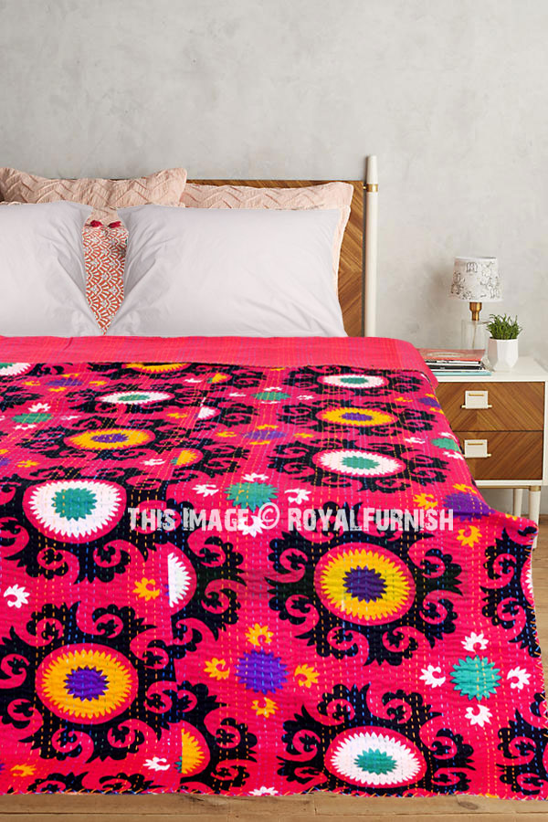 Indian Handmade Blankets Pink Color Bedspreads Suzani Print Cotton Kantha Quilt 