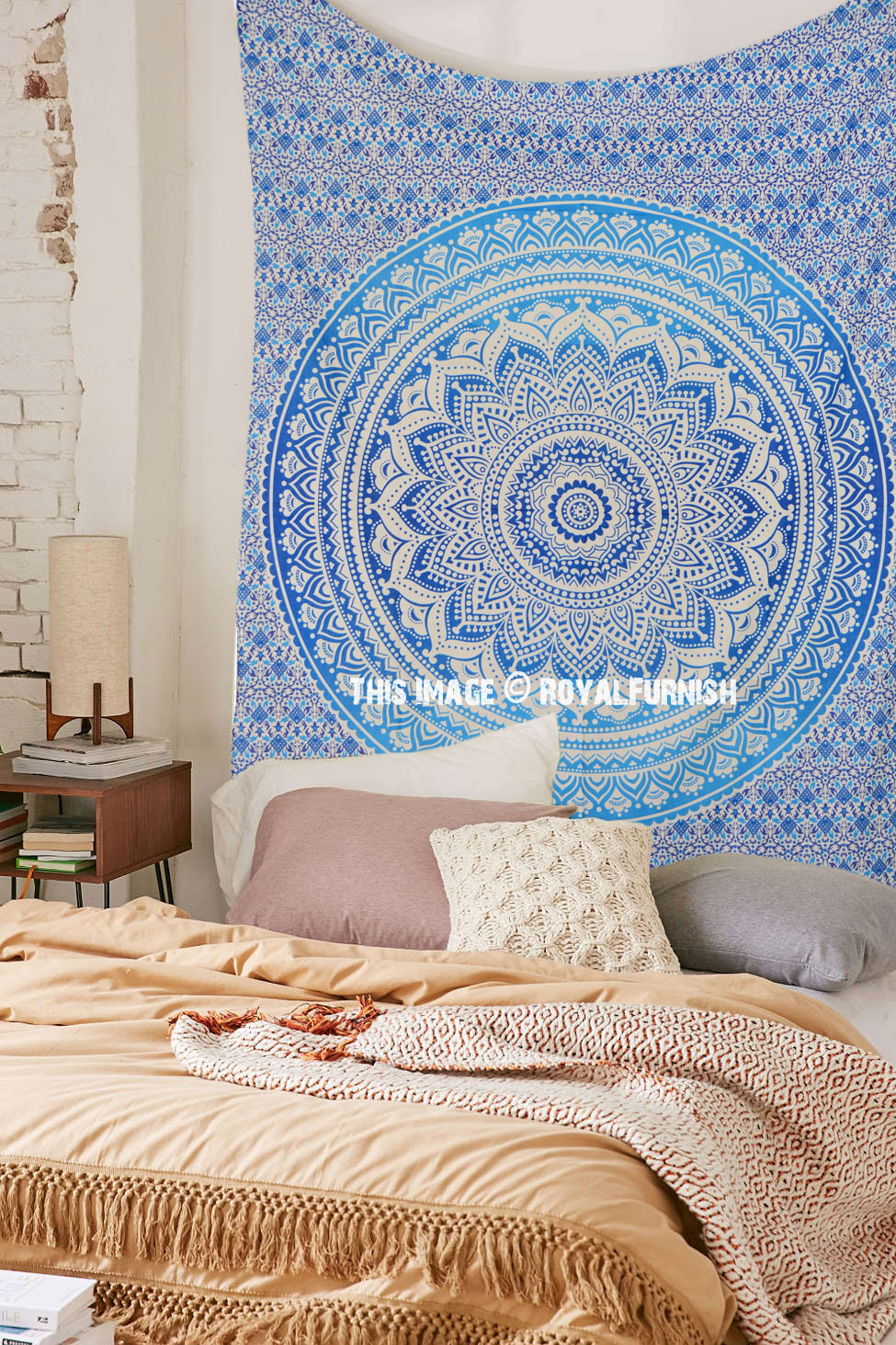 Small Blue Goddess Ombre Mandala Tapestry, Floral Wall Hanging