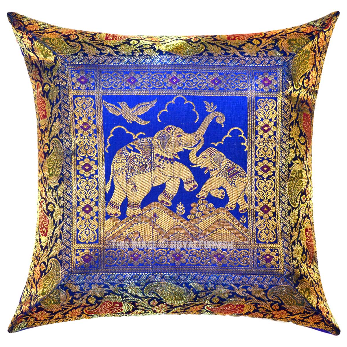 Blue Multi Royal Elephant Featuring Unique Silk Brocade Throw Pillow Cover 16X16 Inch ...