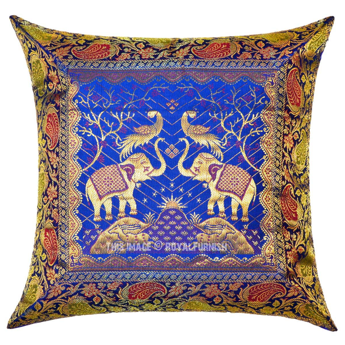 Blue Two Elephants and Birds Featuring Decorative Silk Throw Pillow Cover 40X40 cm ...