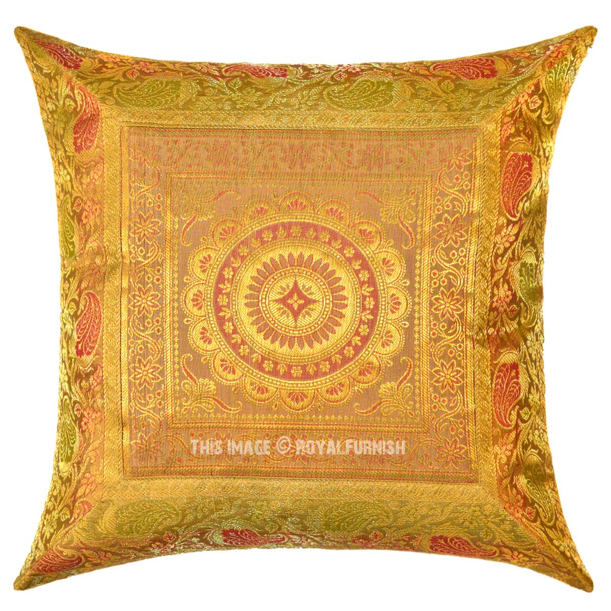 Yellow Flower Medallion Circle Outdoor Decorative Silk Throw Pillow Cover 16X16 Inch ...