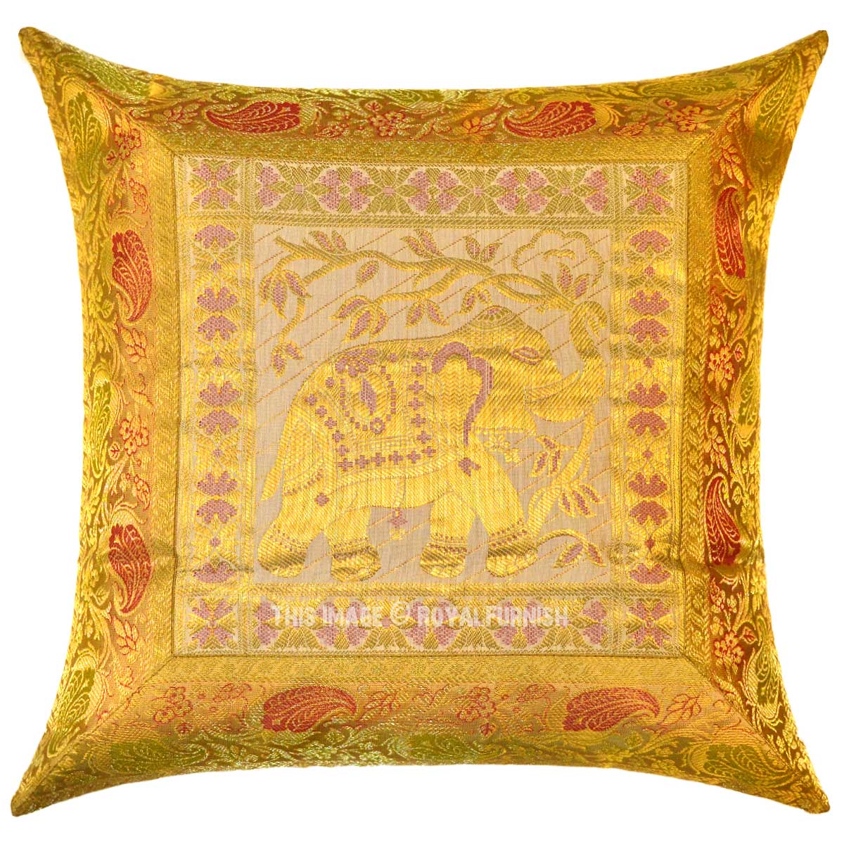 Yellow Indian Elephant Silk Brocade Throw Pillow Cover - RoyalFurnish.com