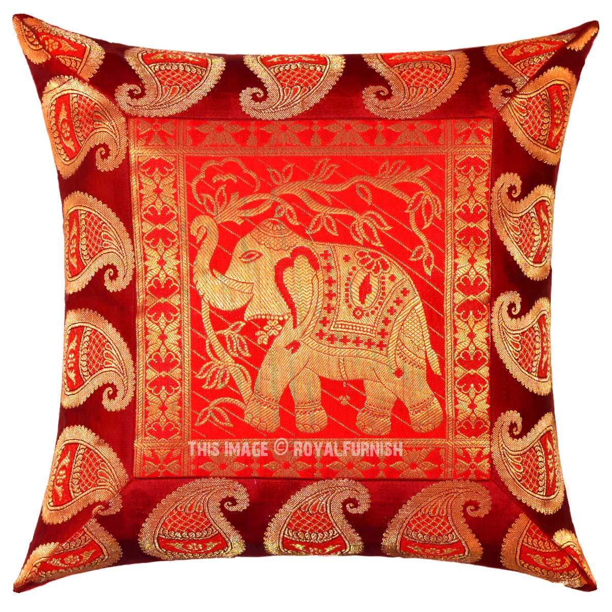 Red Multi Royal Elephant Featuring Handcrafted Decorative Silk Throw Pillow Cover - RoyalFurnish.com