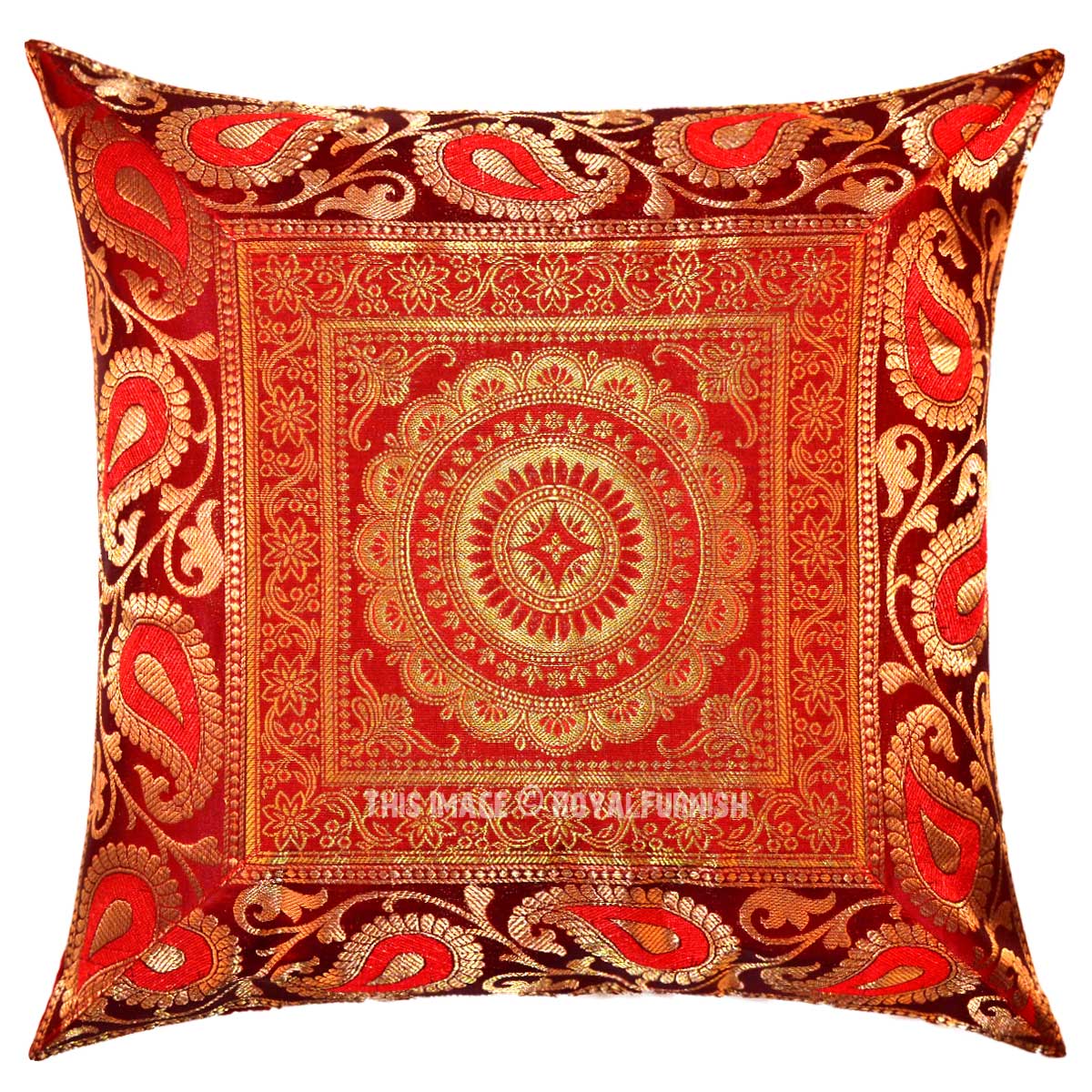 Red Flower Medallion Circle Decorative Unique Handcrafted Silk Pillow Cover 16X16 - RoyalFurnish.com