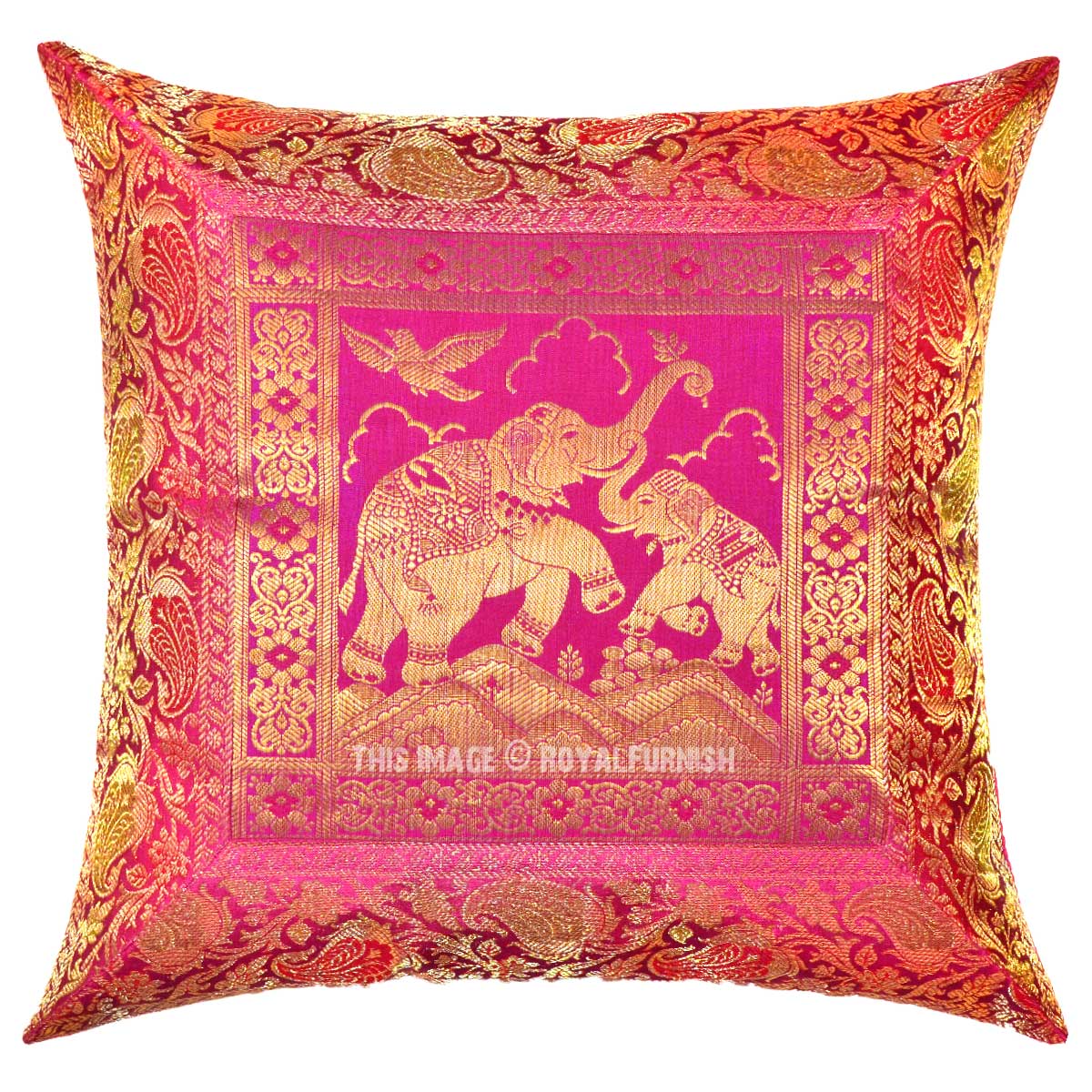 Light Pink Baby Elephant Featuring Handcrafted Unique Silk Pillow Cover 16X16 - RoyalFurnish.com