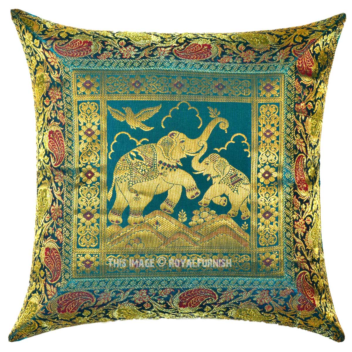 Turquoise 16X16 Decorative Unique Baby Elephants Silk Square Pillow Cover - RoyalFurnish.com