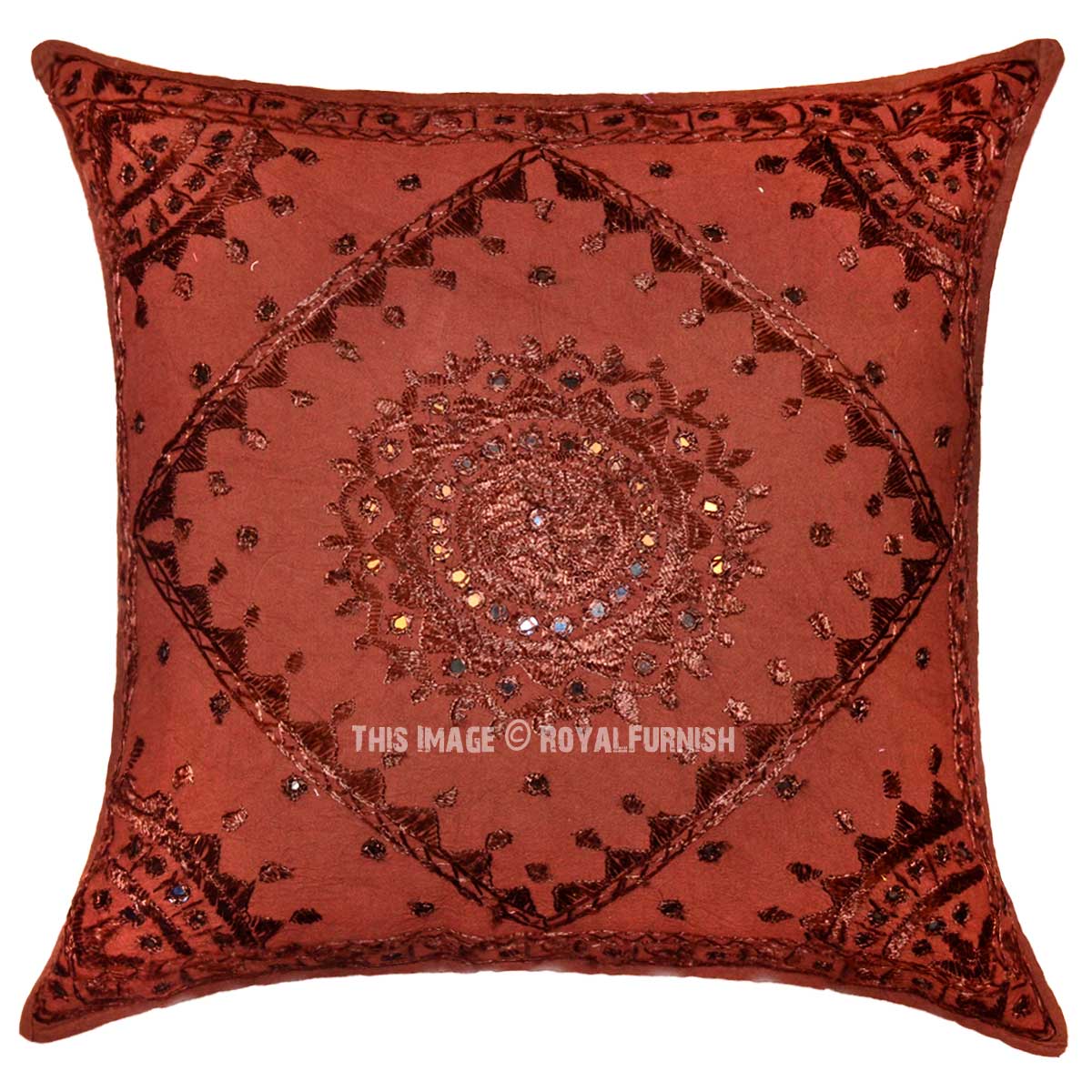 24" x 24" Brown Decorative Mirror Embroidered Cotton Indian Pillow