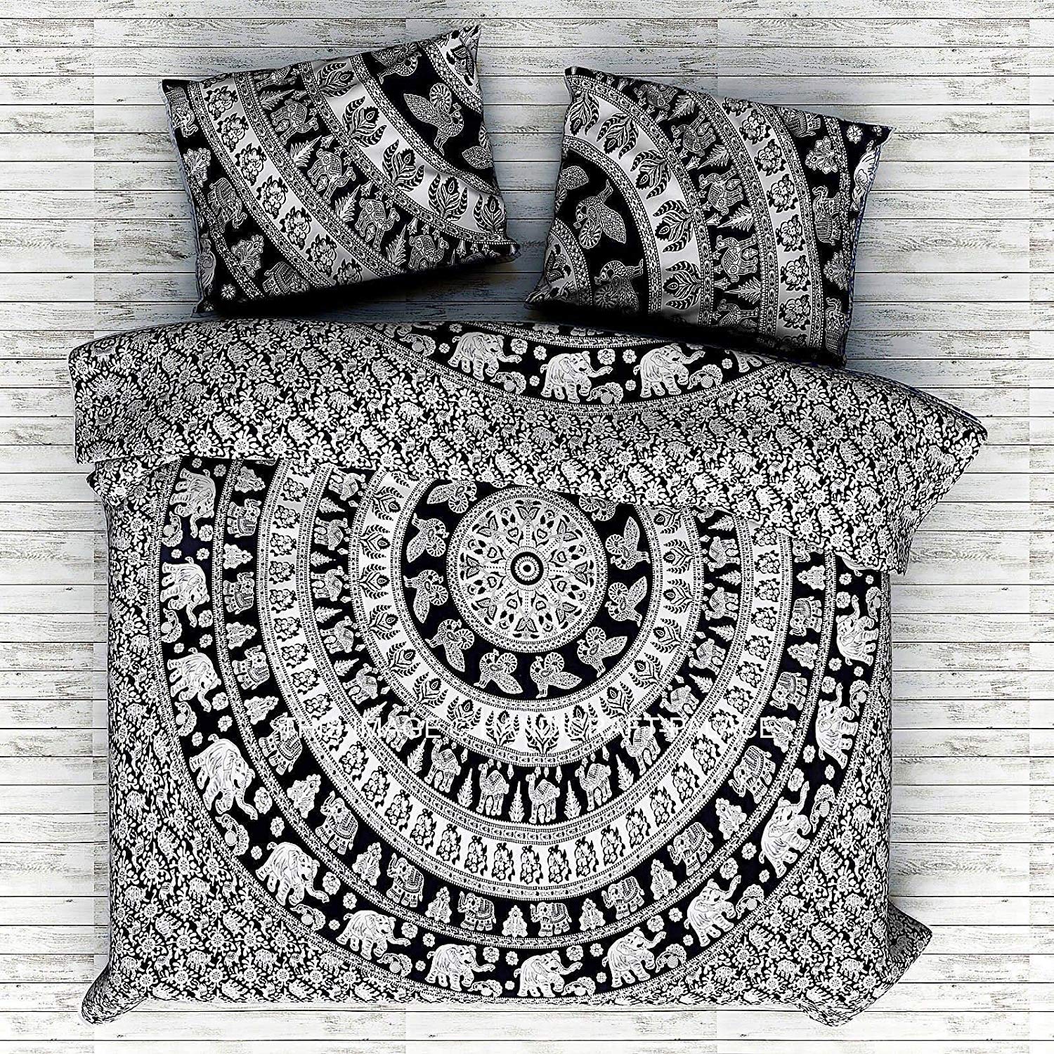 Black White Hippie Elephant Mandala Duvet Cover Set With 2