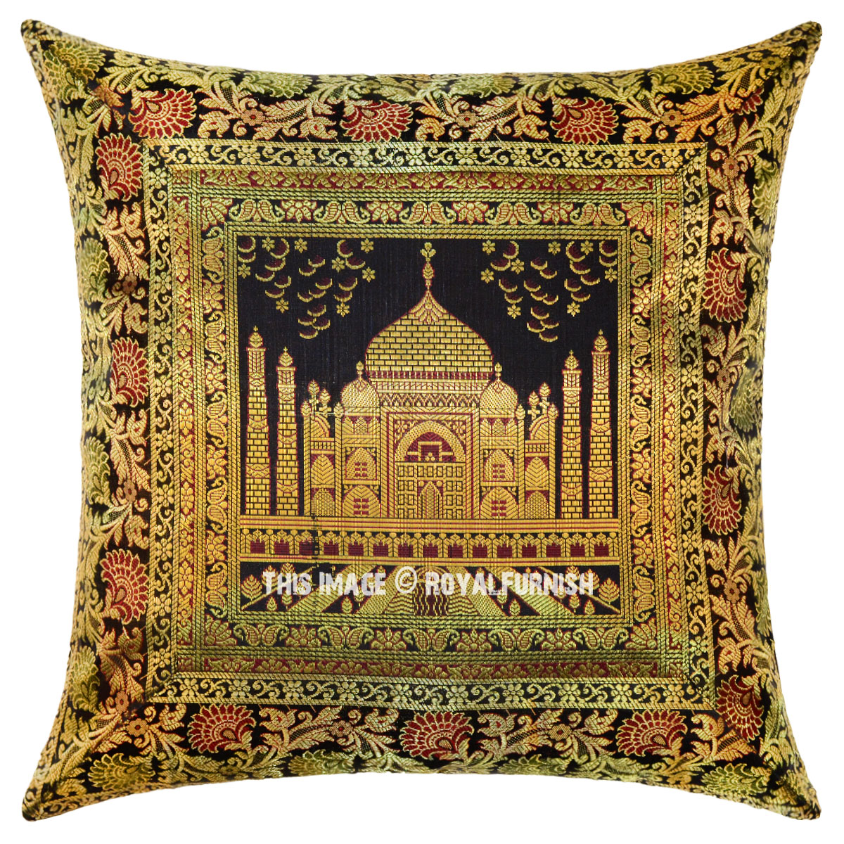 Black Color Decorative Tajmahal Silk Brocade Throw Pillow Cover 16X16