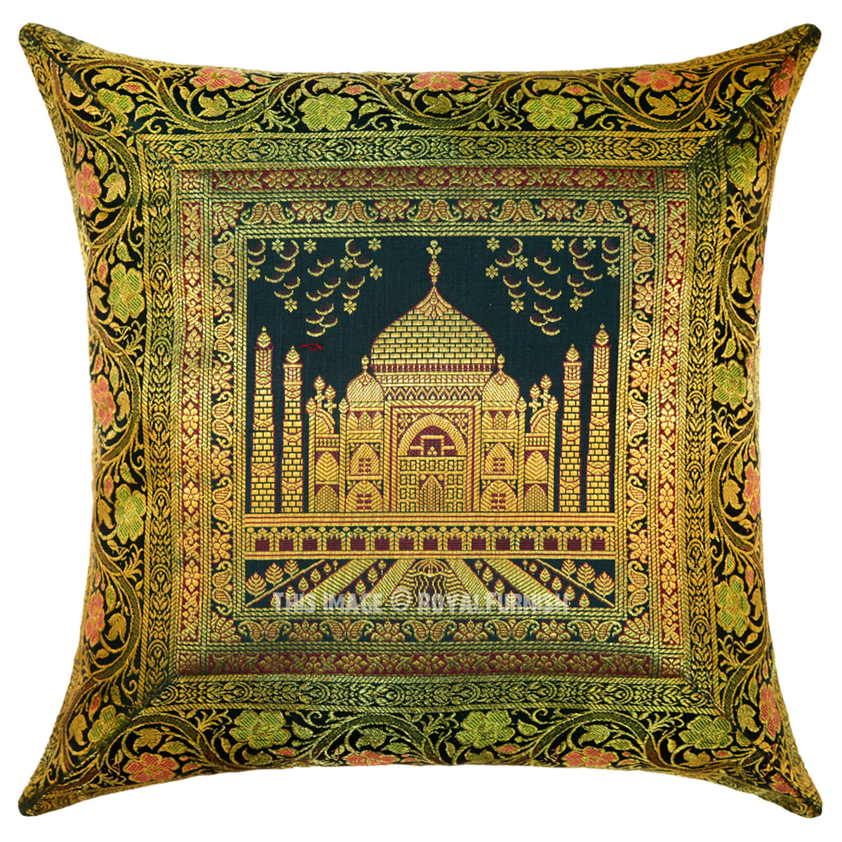 Green Multi Decorative Tajmahal Silk Throw Pillow Cover 16X16 Inch - RoyalFurnish.com