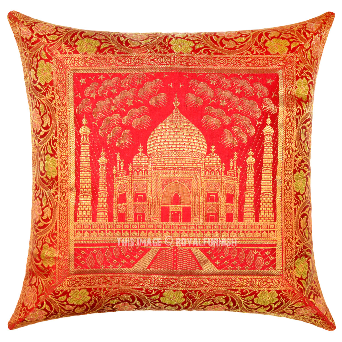 Red Color Decorative Tajmahal Silk Brocade Throw Pillow Cover 16X16 - RoyalFurnish.com