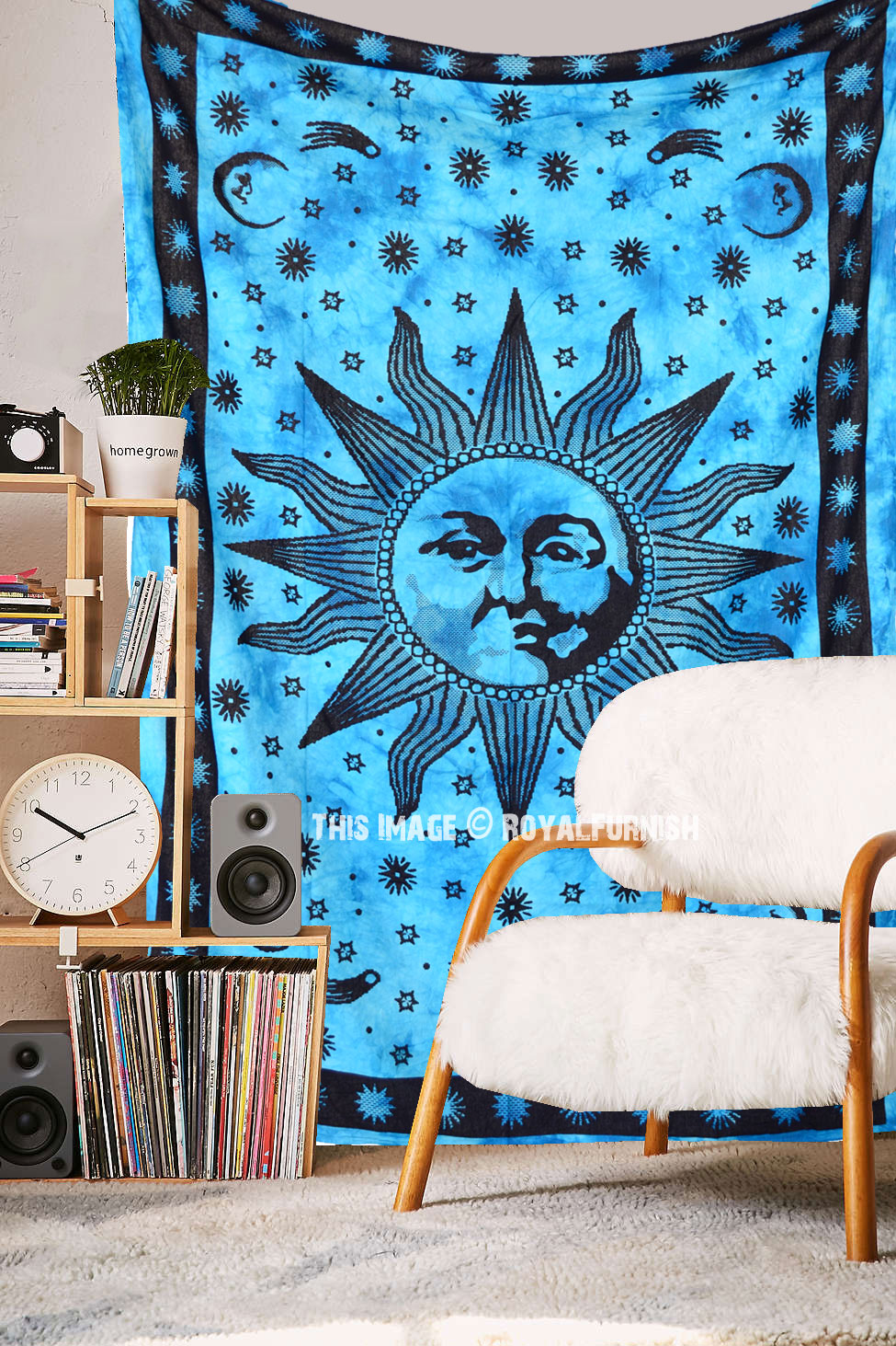 Turquoise Psychedelic Sun Face Tapestry