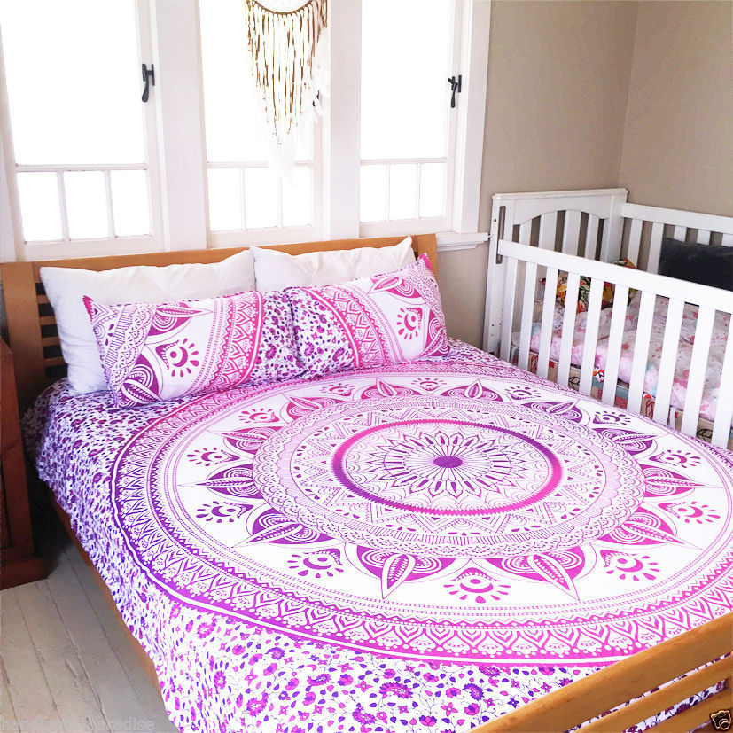 White Pink Purple Long Leafs Boho Bedding Mandala Duvet Set With